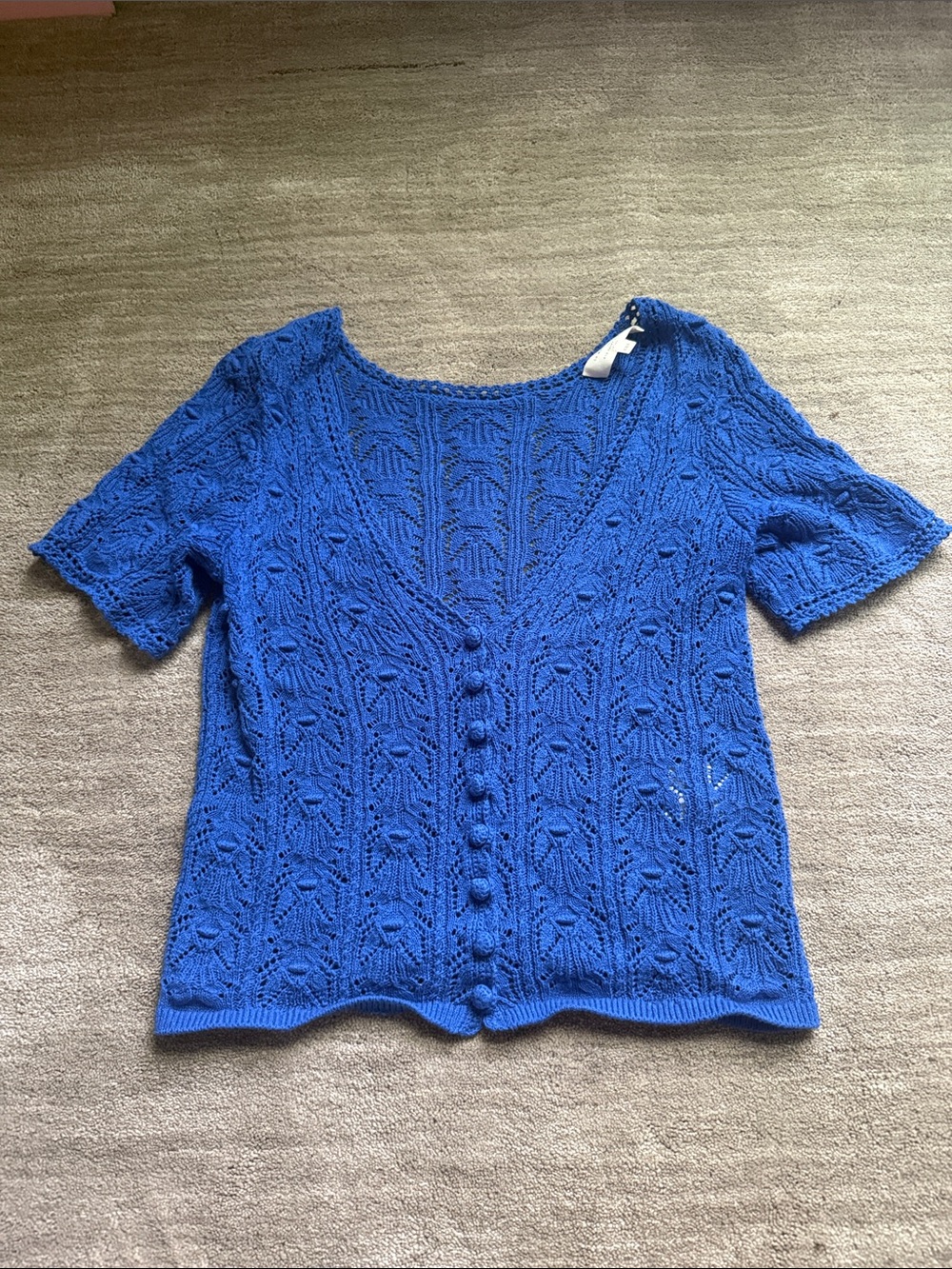 Sezane crochet knitted short sleeve blue cardigan sweater